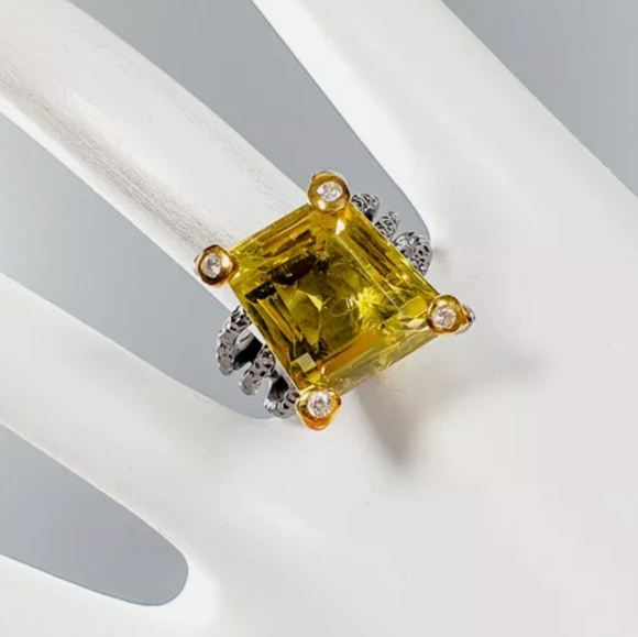 Dark Kharma by Avelon Jewelry - HUGE 16k biased diamond cut Natural Lemon Quarts Sterling & Rhodium ring sz8.5